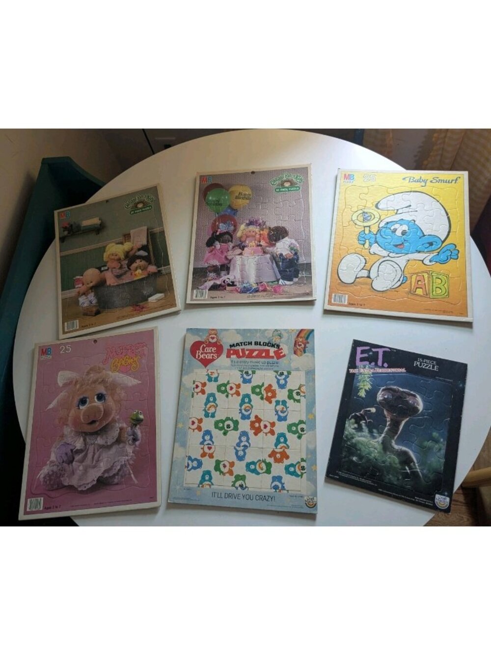 Lot 6 Vintage 1984 MB CraftMaster 80s Puzzles Piggy Smurf Care Bears ET Cabbage